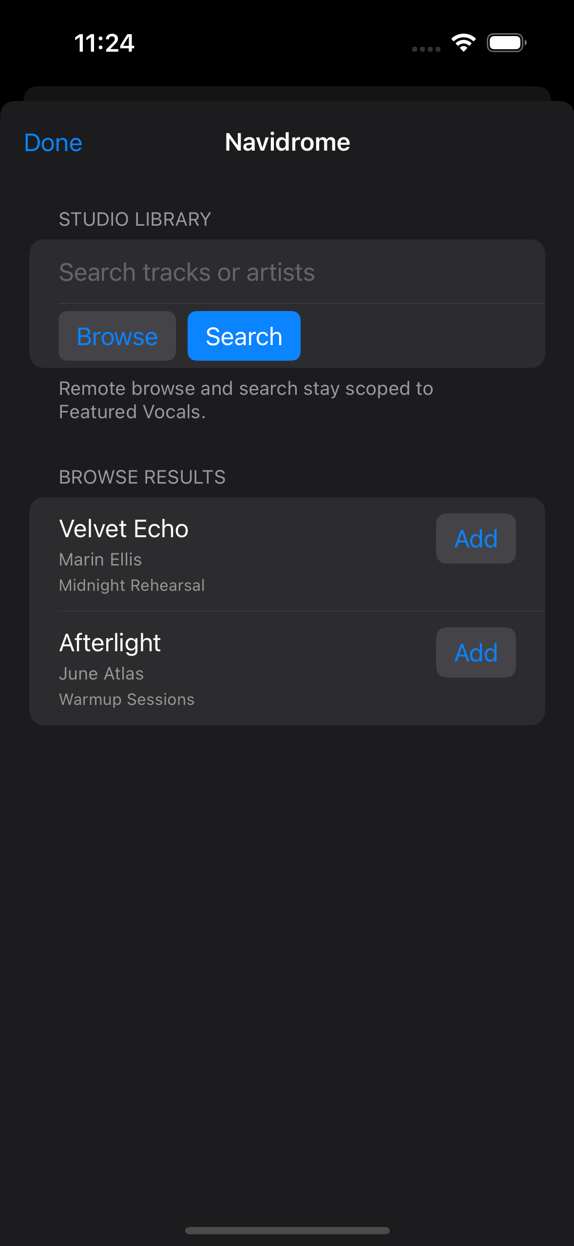 Navidrome browse and add flow
